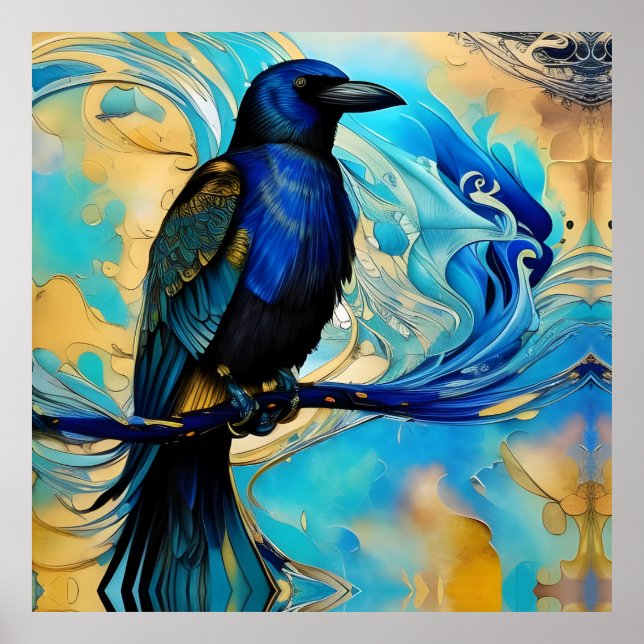 Affiche Corbeau bleu noir sur bleu et or abstrait (Devant)
