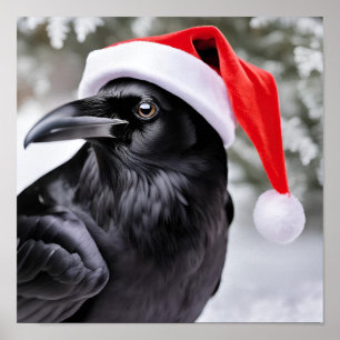 Affiche Corbeau dans un chapeau de Père Noël