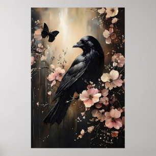 Affiche Corbeau dans une forêt de fleurs lunatique imprima