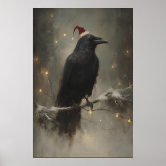 Affiche Corbeau de fête sur branche enneigée, bois gothiqu