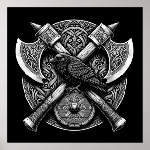 Affiche Corbeau et Axes - Norse Warrior Shield Wall Art