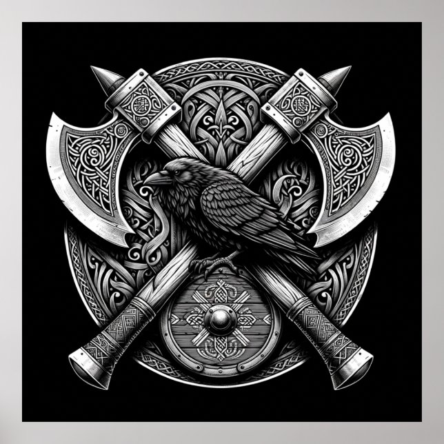 Affiche Corbeau et Axes - Norse Warrior Shield Wall Art (Devant)