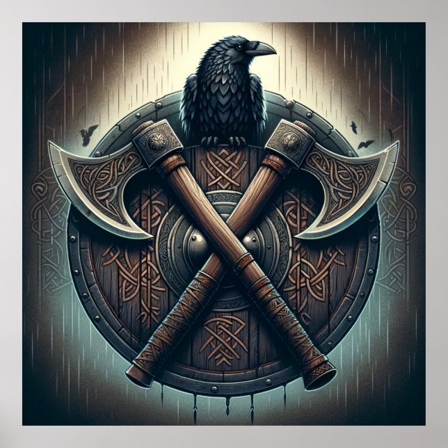 Affiche Corbeau et Axes - Norse Warrior Shield Wall Art (Devant)