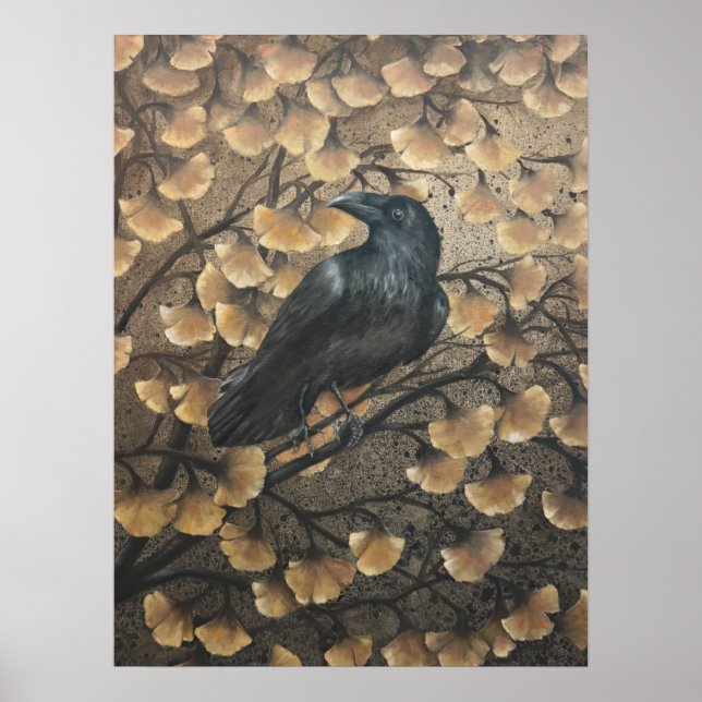 Affiche Corbeau et feuilles de Ginkgo (Devant)
