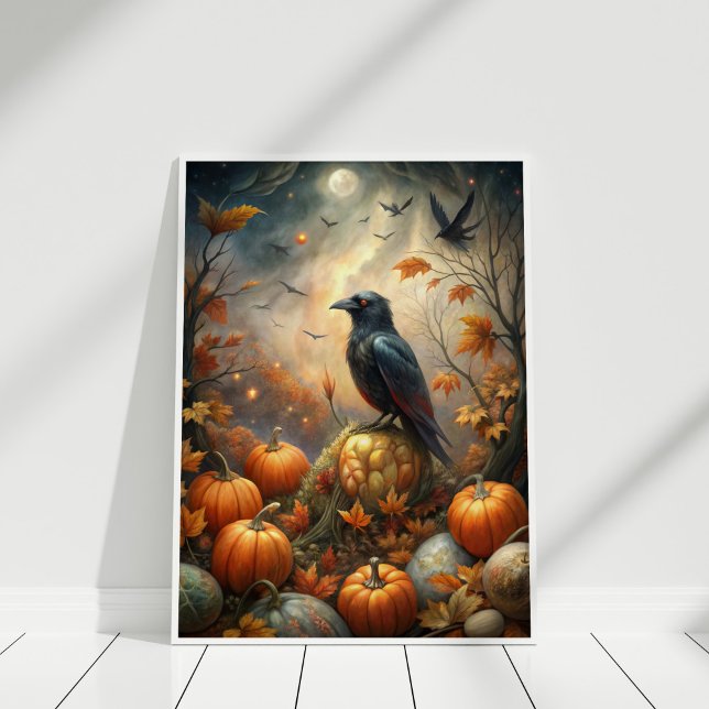 Affiche Corbeau et forêt Citrouille - Fée d'automne foncé (Raven and Pumpkin Forest – Dark Autumn Fairy Poster in a white wooden frame)