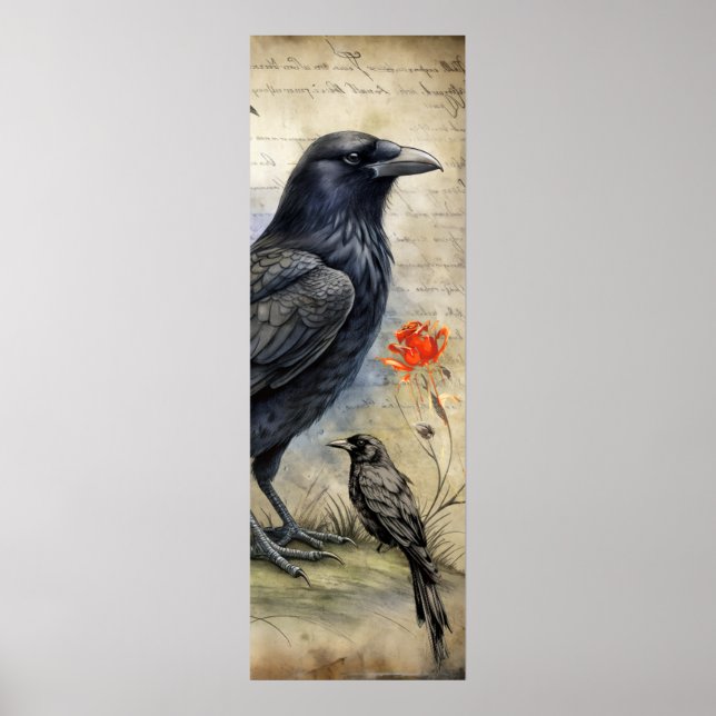 Affiche Corbeau gothique rouge et Rose (Devant)