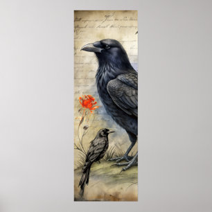Affiche Corbeau gothique rouge et Rose