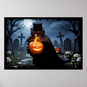 Affiche Corbeau Halloween Cimetière avec citrouilles et cr
