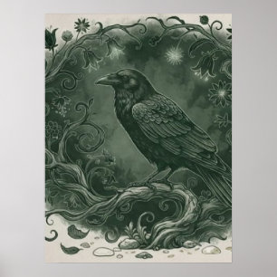 Affiche Corbeau mystique gothique et forêt enchantée