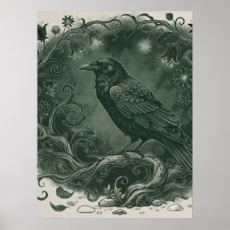 Affiche Corbeau mystique gothique et forêt enchantée