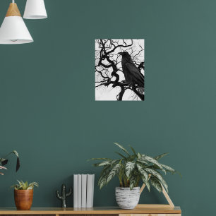 Affiche Corbeau noir dans un arbre Photo en noir et blanc
