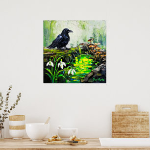 Affiche Corbeau noir et ruisseau forestier luisant Peintur