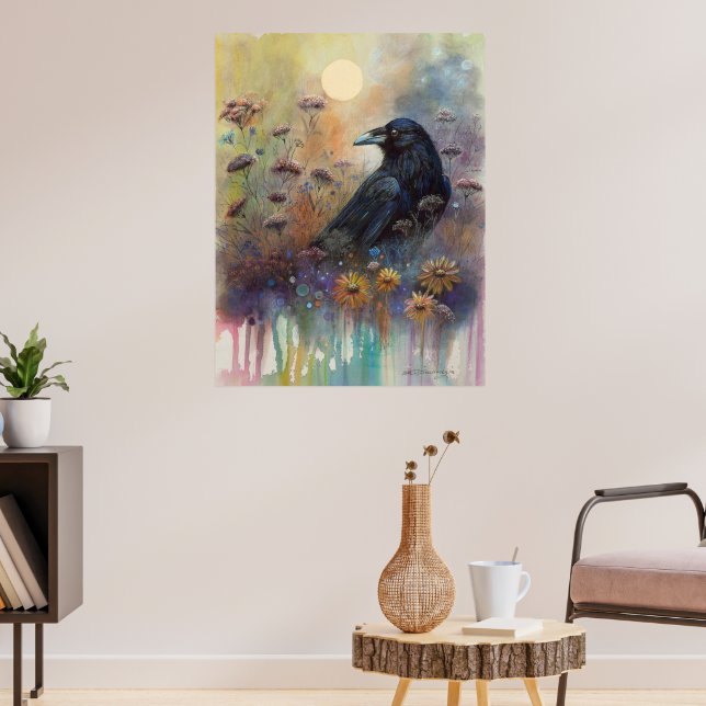 Affiche Corbeau peint à la main avec Fleurs sauvages (Salon 3)