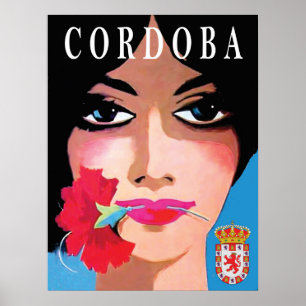 Affiche Cordoue, Espagne, visage d'une belle femme, fleur
