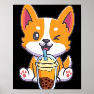 Affiche Corgi Boire Boba Bubble Thé Boire Chien Anime Kaw