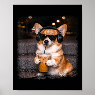 Affiche Corgi buvant du café glacé amateur d'humour mème d