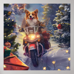 Affiche Corgi Chien équitation Moto Noël