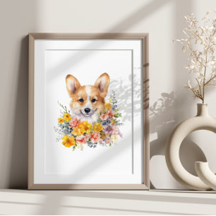 Affiche Corgi Chiot Funky Animal Fleur Aquarelle