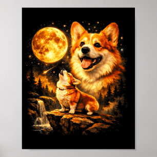 Affiche Corgi drôle hurlant à la lune mystique vintage