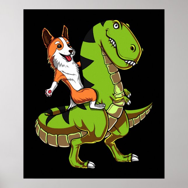 Affiche Corgi équitation T-Rex Dinosaur Chien drôle (Devant)