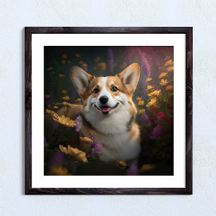 Affiche Corgi gallois dans un jardin coloré