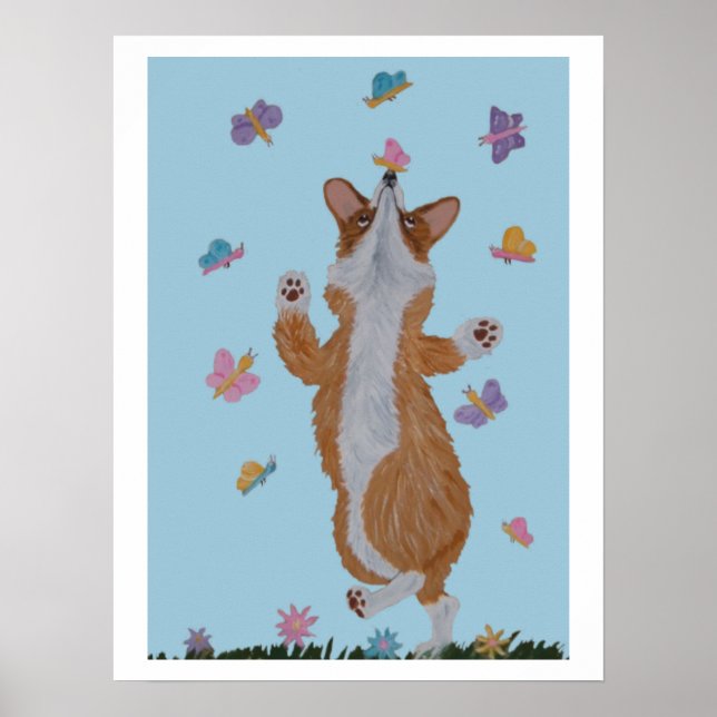 Affiche Corgi gallois dansant avec des papillons (Devant)