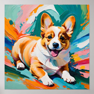 Affiche Corgi Heureux en Éclaboussure de Couleur - Abstrai