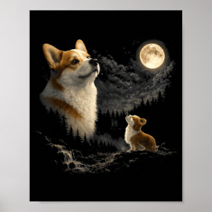Affiche Corgi hurlant à la lune vintage 90s chien drôle