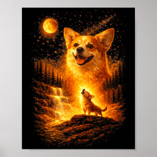 Affiche Corgi hurlant à la lune vintage 90s drôle de chien