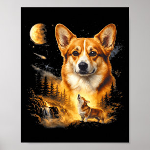 Affiche Corgi hurlant à la lune vintage 90s drôle de chien