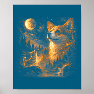 Affiche Corgi hurlant à la lune vintage rétro animal 90s