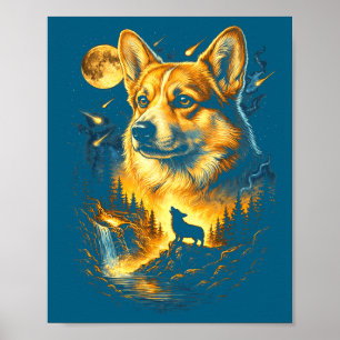 Affiche Corgi hurle à la lune vintage 90 drôle de chien