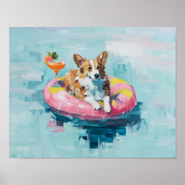 Affiche Corgi Pool Float Art Imprimer : Décor Mur de Chien (Devant)