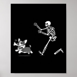 Affiche Corgi qui chasse le squelette ambiance Halloween C