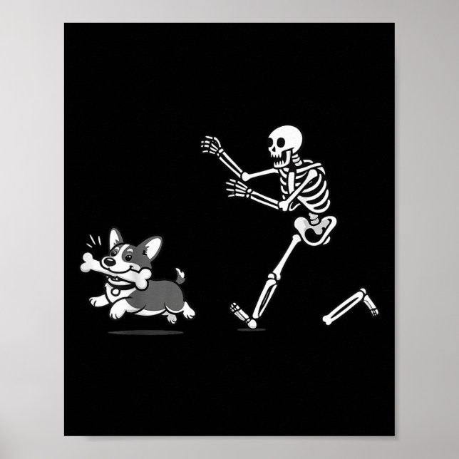 Affiche Corgi qui chasse le squelette ambiance Halloween C (Devant)
