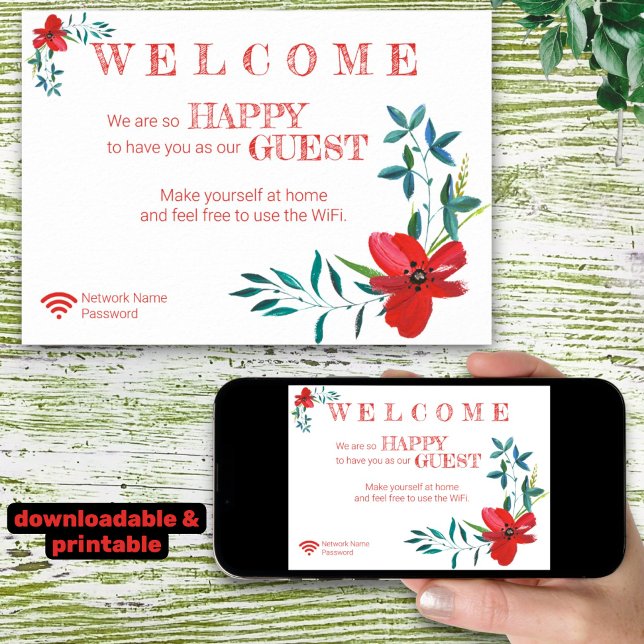 Affiche Corner Fleurs rouges Bienvenue Invité Wifi Mot de  (template wifi instructions printed and downloadable)