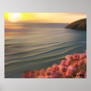 Affiche Cornouailles falaises et roses de mer au coucher d