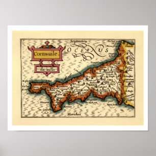 Affiche Cornwall, Cornwaile Comté Angleterre Carte Antiqua