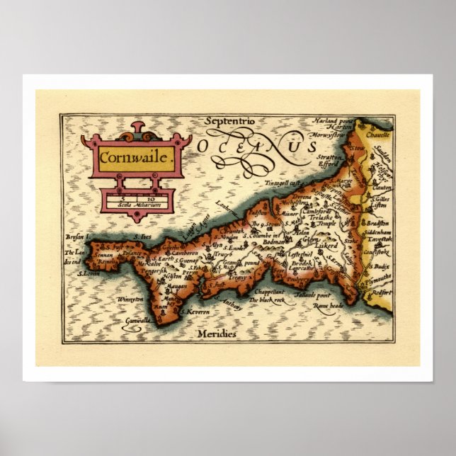 Affiche Cornwall, Cornwaile Comté Angleterre Carte Antiqua (Devant)