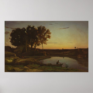 Affiche Corot - Paysage avec lac et batelier