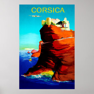 Affiche Corse, forteresse médiévale sur la falaise, vintag