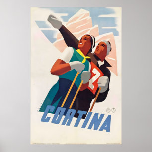 Affiche Cortina d'Ampezzo Italie Ski Montagnes Vintage