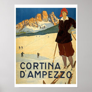 Affiche Cortina D'Ampezzo, Italie, Voyage Rétro, Ski, Alpe
