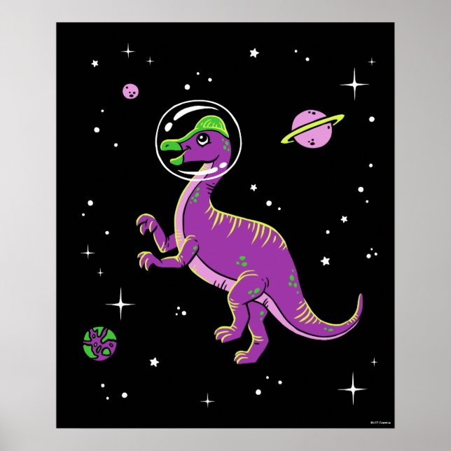 Affiche Corythosaurus Violet Et Vert Dinos Dans L'Espace (Devant)