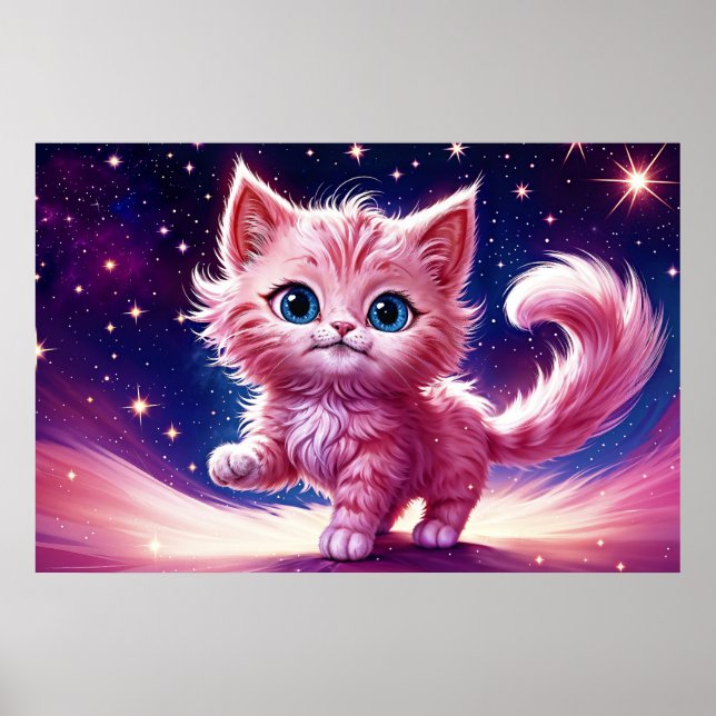 Affiche Cosmic animal rose féline chatte style moderne (Devant)