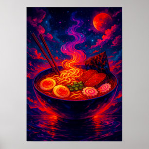 Affiche Cosmic Ramen Bowl sous l'Imaginaire de la Lune Rou