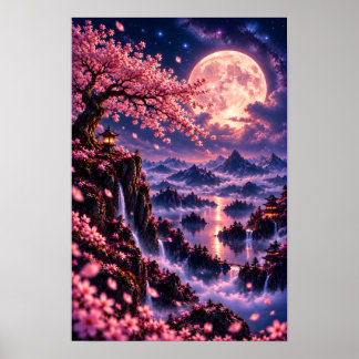 Affiche Cosmic Sakura : Fleurs de cerisier au clair de lun