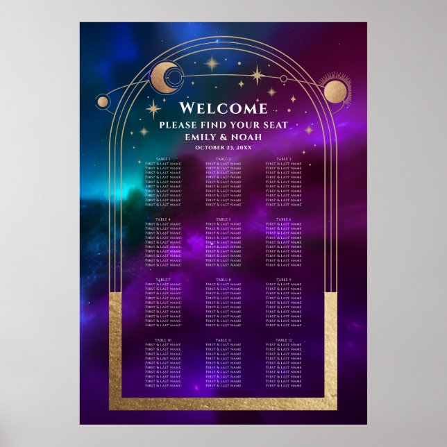 Affiche Cosmic violet Turquoise or Sun Moon étoiles Mariag (Devant)