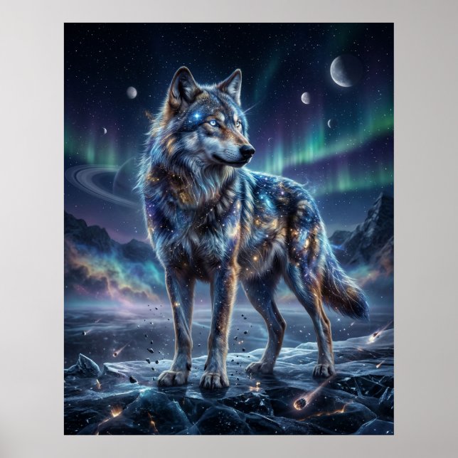 Affiche Cosmic Wolf Under Aurora Sky (Devant)