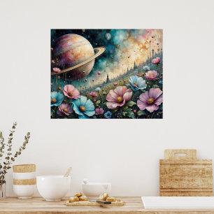 Affiche Cosmos Futuriste Fleur et Espace